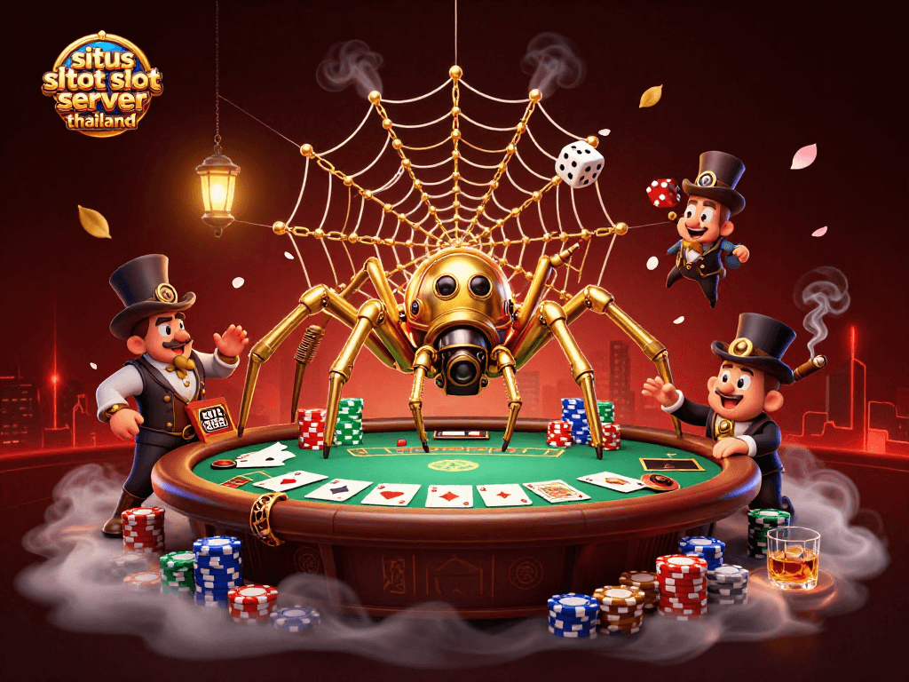 Engage with situs slot server thailand featuring a 3D cartoon golden spider, vibrant casino elements, and rich visuals.