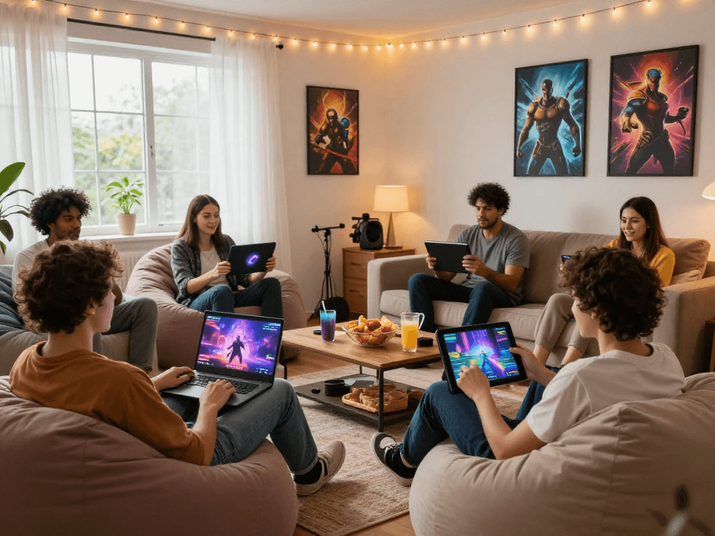 Players engaging in porngames on various devices in a cozy living room.