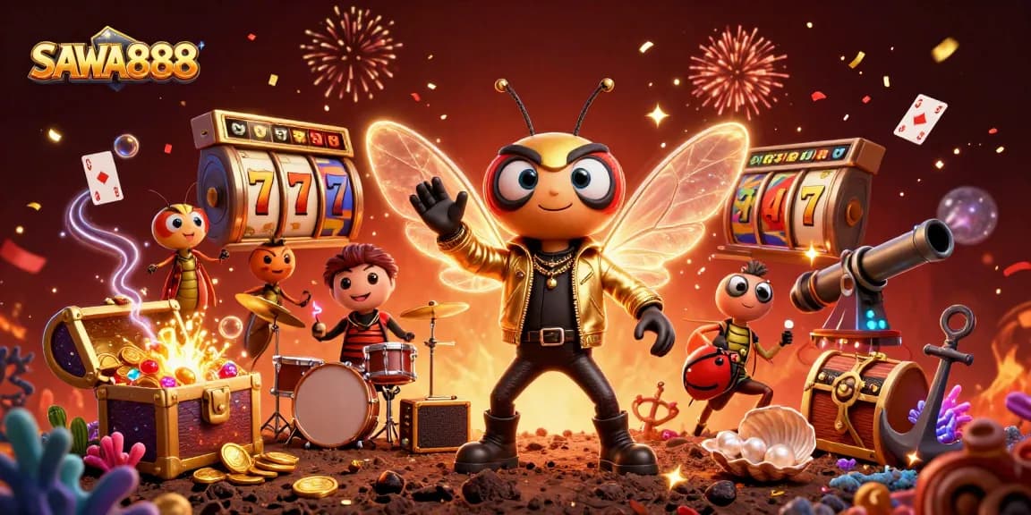 SAWA888 brings excitement with a rock star cicada, vibrant treasures, and dynamic play elements.