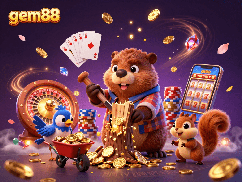 gem88 offers thrilling chances to win with animated characters in a dynamic casino scene.