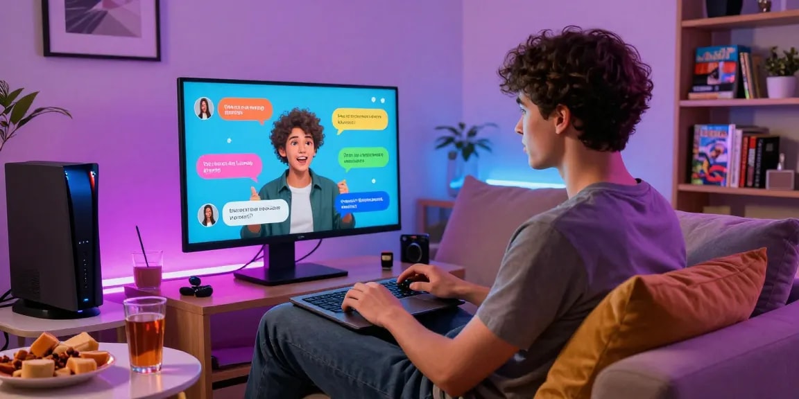 User interacting in a cozy setting with an AI chat NSFW interface on a laptop screen, showcasing a playful virtual conversation.