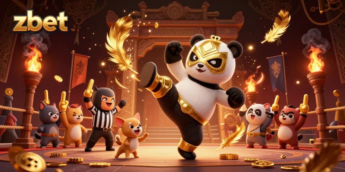 Zbet offers thrilling battles in a vibrant casino environment with a wrestling panda and cheering animal spectators.