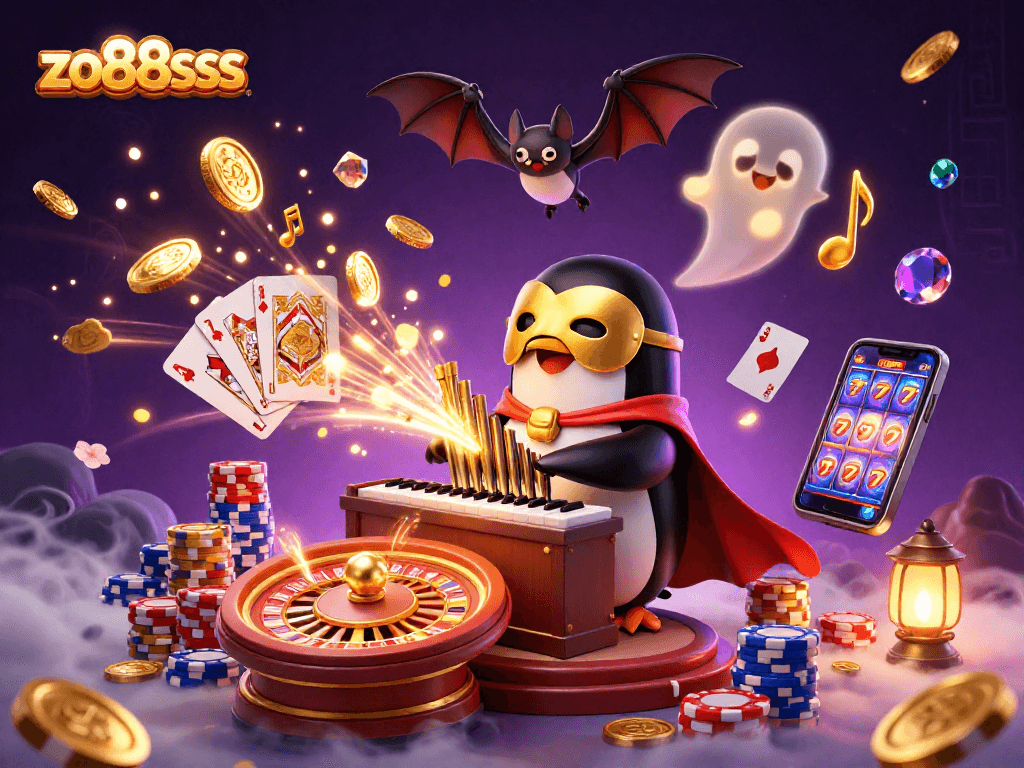 Cascading golden coins and a penguin play organ at zo88sss, bringing lively casino ambiance to life.