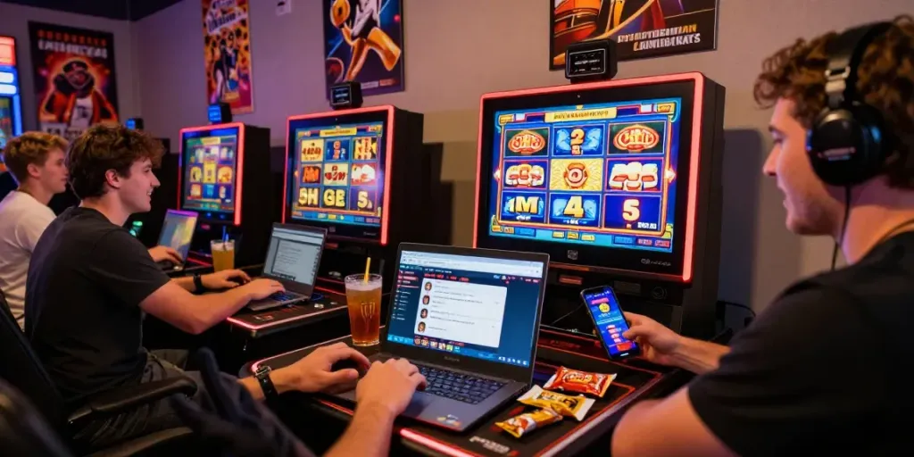 Exciting atmosphere at non GamStop casinos with players enjoying vibrant slot games and engaging online experiences.