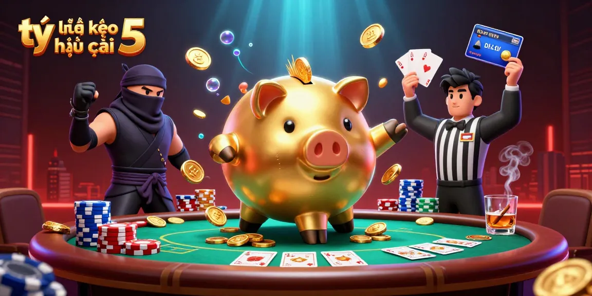 Engage with tỷ lệ kèo nhà cái 5 as a golden piggy bank sumo wrestler dominates a lively poker scene with vibrant energy.