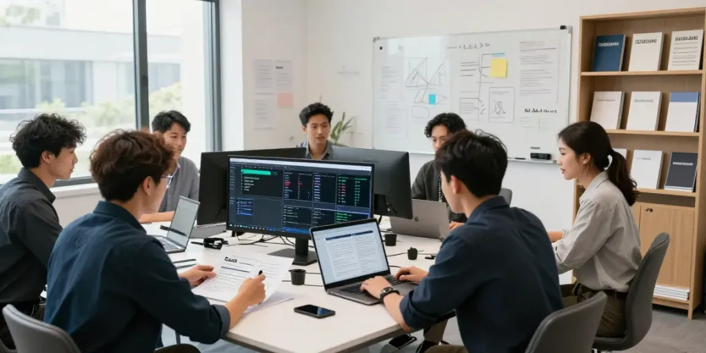 Collaboration on a publish SaaS article in a modern office environment.