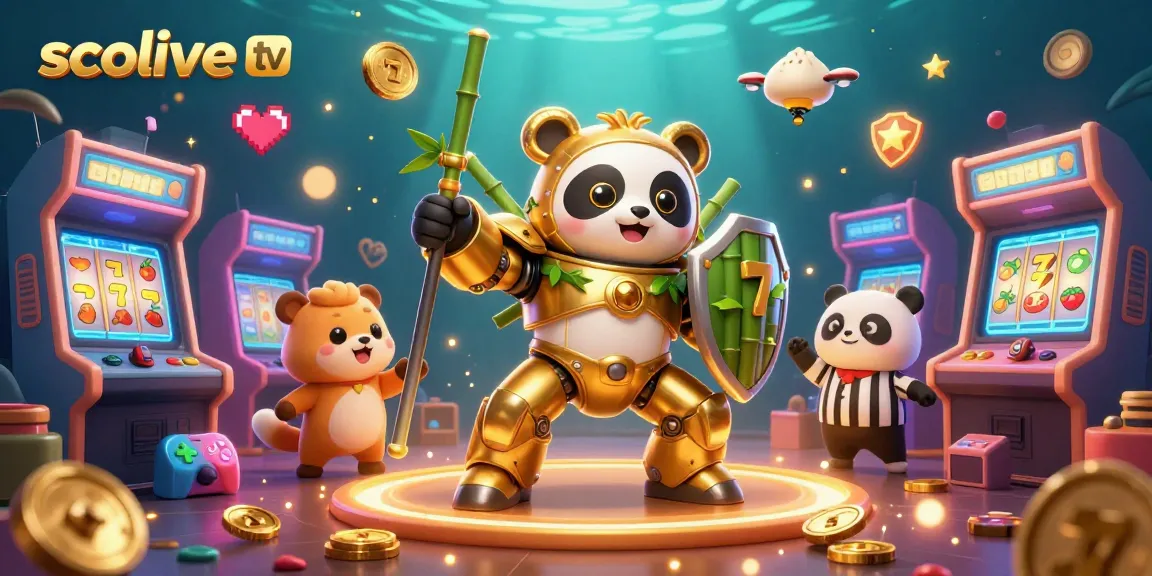 socolive tv gaming illustration with golden panda robot, slot symbols, and arcade games.