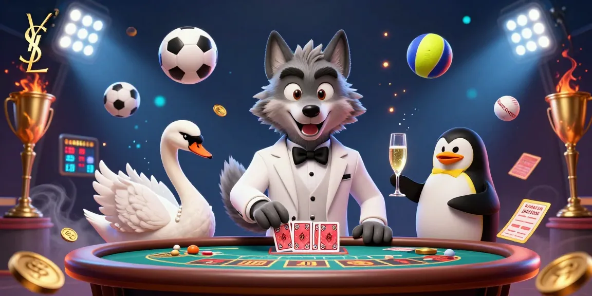 Engaging ysl-themed casino scene with a debonair wolf, elegant swan, and sophisticated penguin among dynamic gaming elements.