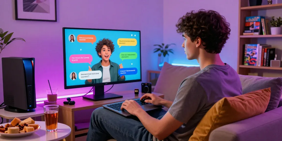 User interacting in a cozy setting with an AI chat NSFW interface on a laptop screen, showcasing a playful virtual conversation.