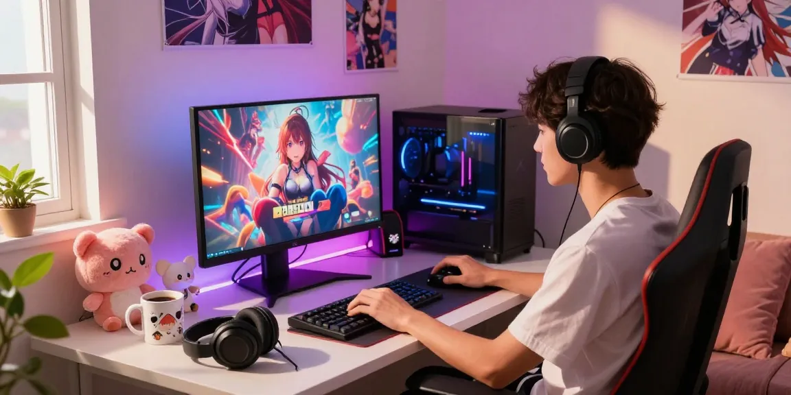 Gamer enjoying femboy hentai games in a colorful, cozy setup with anime decor.