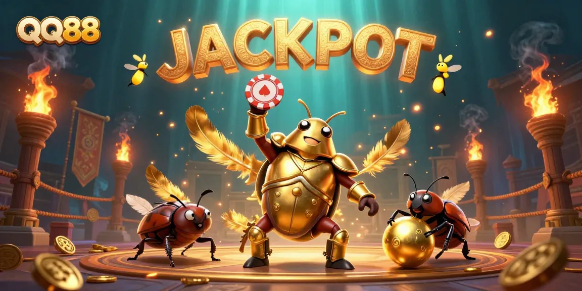 Engage in QQ88’s thrilling jackpot atmosphere featuring vivid characters and gold coins, capturing the excitement of casino games.