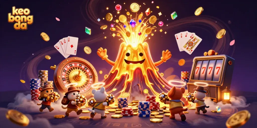 Engage with keo bong da as golden treasures erupt from a volcano amidst vibrant casino elements.