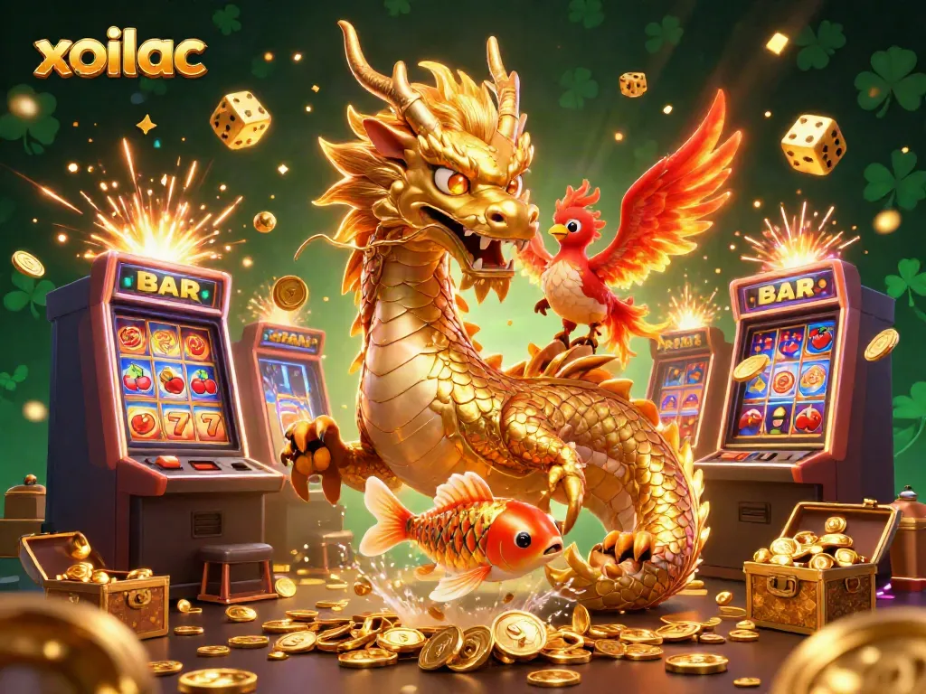 Experience the thrill of xoilac with a vibrant 3D illustration showcasing a dragon, phoenix, and koi amidst gaming elements.