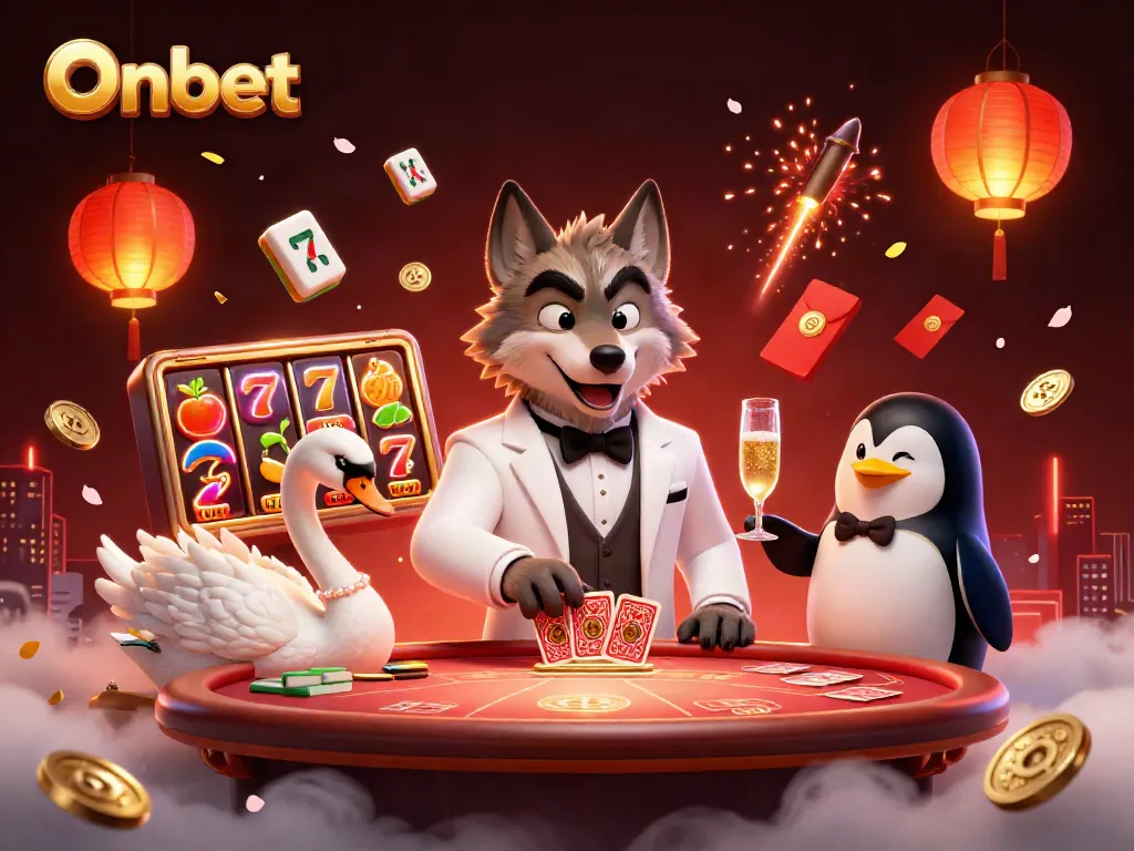 Experience vibrant Onbet casino action with a debonair wolf and elegant swan in this lively illustration.