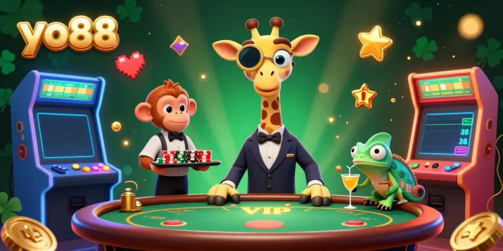 Engage in exciting gameplay with yo88's vibrant 3D cartoon scene showcasing a high-roller giraffe at a poker table amidst a lively casino atmosphere.