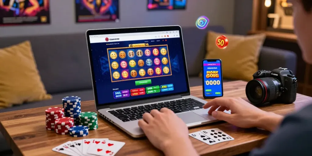 Exciting gaming moment at non GamStop casinos with vibrant slot game interface and player's interaction.