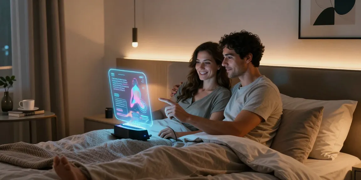 Couple engaged in AI sex exploration within a modern bedroom, showcasing innovative intimacy technology.