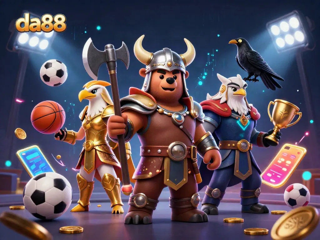 Experience thrilling gaming moments at da88 with a Viking berserker and Valkyrie eagle in an epic sports scene.