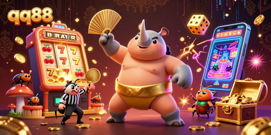 Experience the excitement of qq88 with a vibrant 3D illustration of beetle champions amidst casino jackpots.