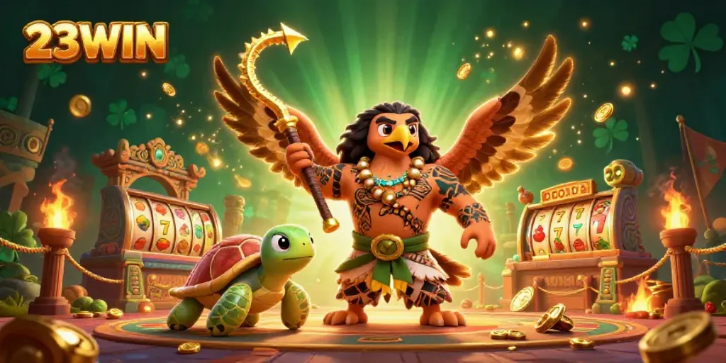 Engage with 23WIN's vibrant gambling scene featuring a demigod and a turtle amid slot reels and golden coins.