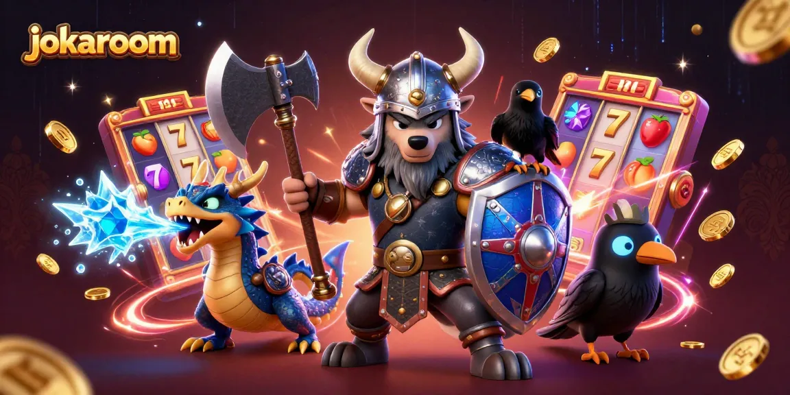 Experience thrilling gameplay at jokaroom with a vibrant casino scene featuring a brave wolf, a dragon, and mobile slots.