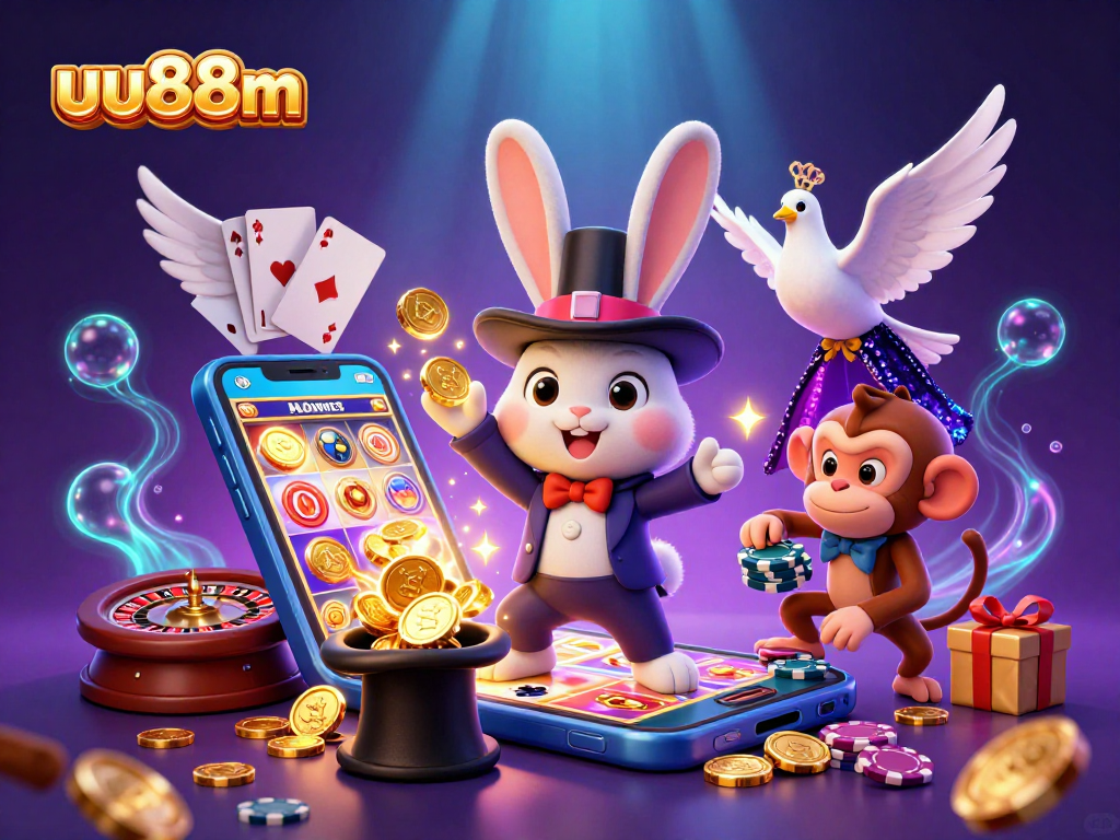 uu88m captures the thrill of gaming with a 3D magician rabbit, coins, and vibrant casino elements.