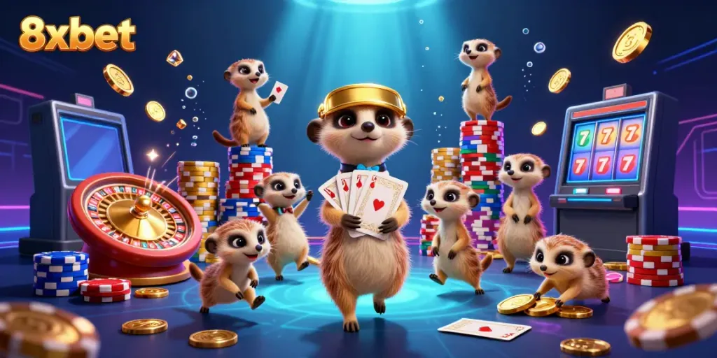 Experience thrilling gaming action with 8xbet's lively meerkat casino scene featuring colorful chips and dynamic gameplay.