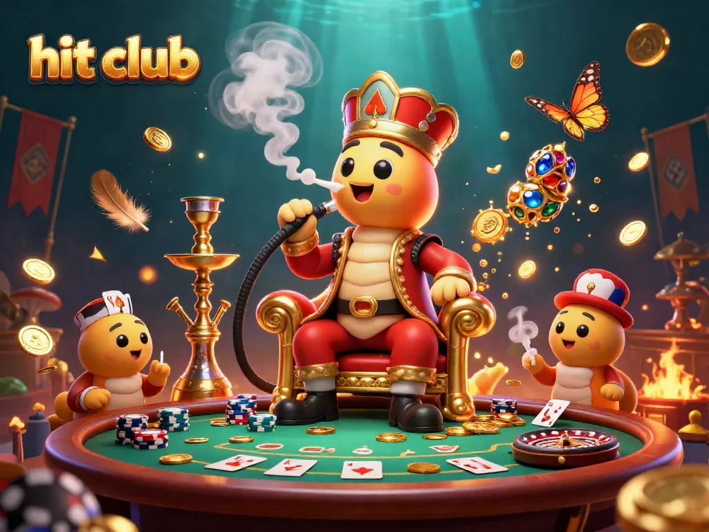 Experience thrilling action at hit club with vibrant casino elements, poker, and golden coins.