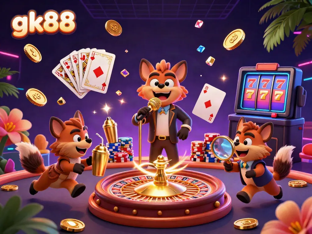 Experience the vibrant atmosphere of gk88's casino comedy club with hyenas in an ultra-detailed 3D illustration.