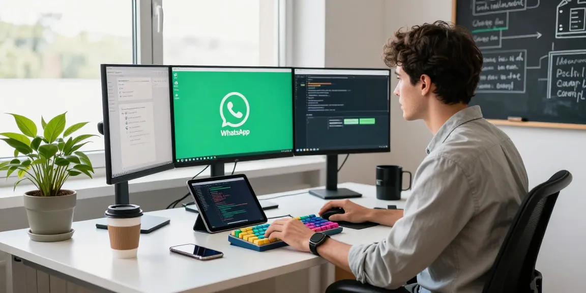 WhatsApp下載 workspace featuring a developer coding in a modern office environment with multiple screens and gadgets.
