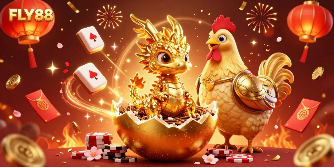 Engage with FLY88's exciting golden dragon gaming experience amidst vibrant casino elements.