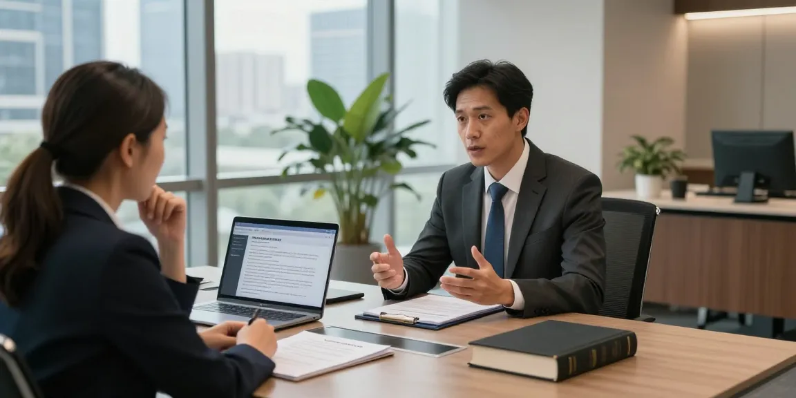 A lawyer has a good point in a consultation meeting with a client, discussing legal strategies.