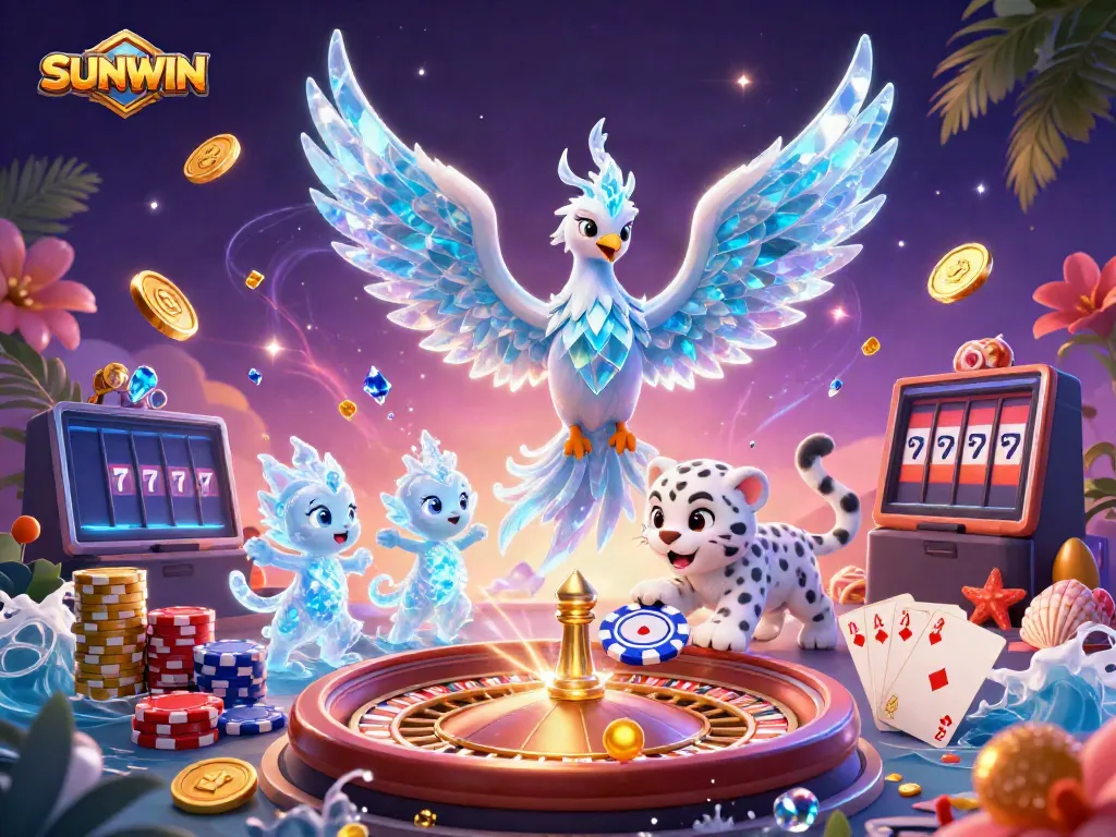 SUNWIN showcases the excitement of online gaming with an ice phoenix, snow leopard, and sparkling game elements in a vibrant 3D illustration.