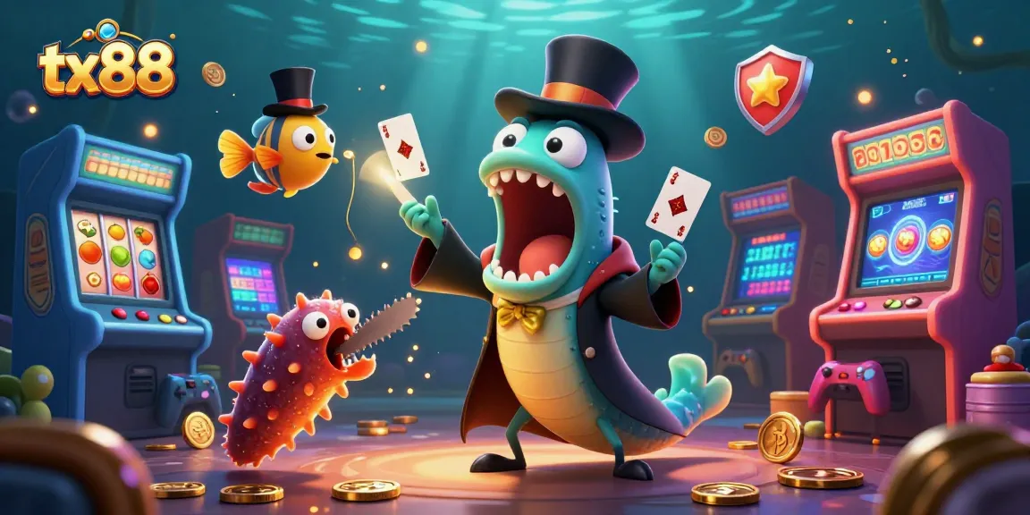 Impressive illustration of tx88 with a deep-sea gulper eel performing magic in a vibrant casino setting.