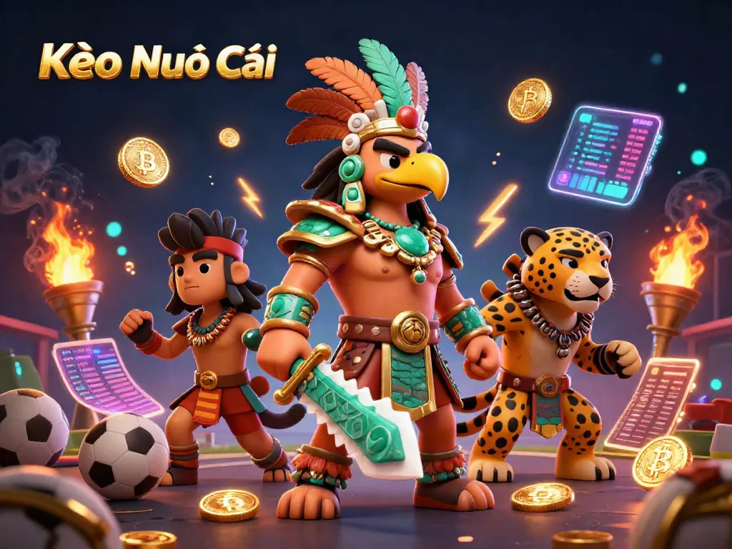 Engage with Kèo Nhà Cái through dynamic sports betting visuals, featuring vibrant warriors and glowing crypto coins.