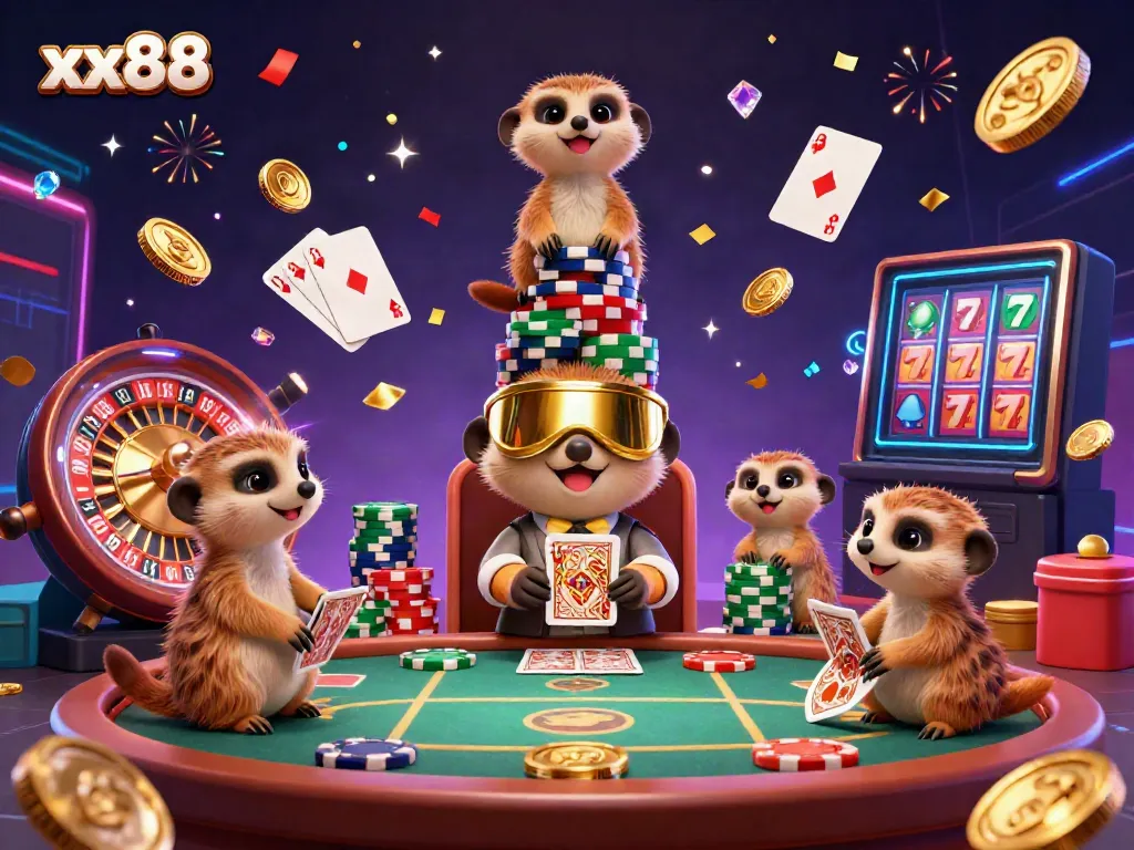 Engaging meerkat casino scene showcasing xx88 with vibrant gaming elements, perfect for gamblers.