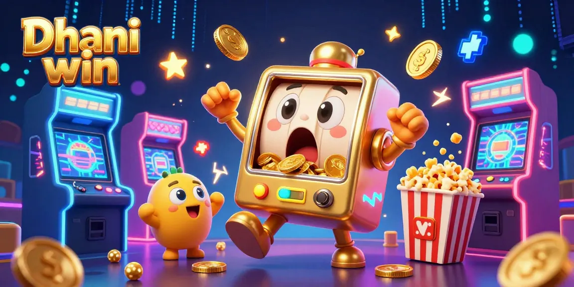 Dhani win slot machine hitting a jackpot, surrounded by arcade games and golden coins.