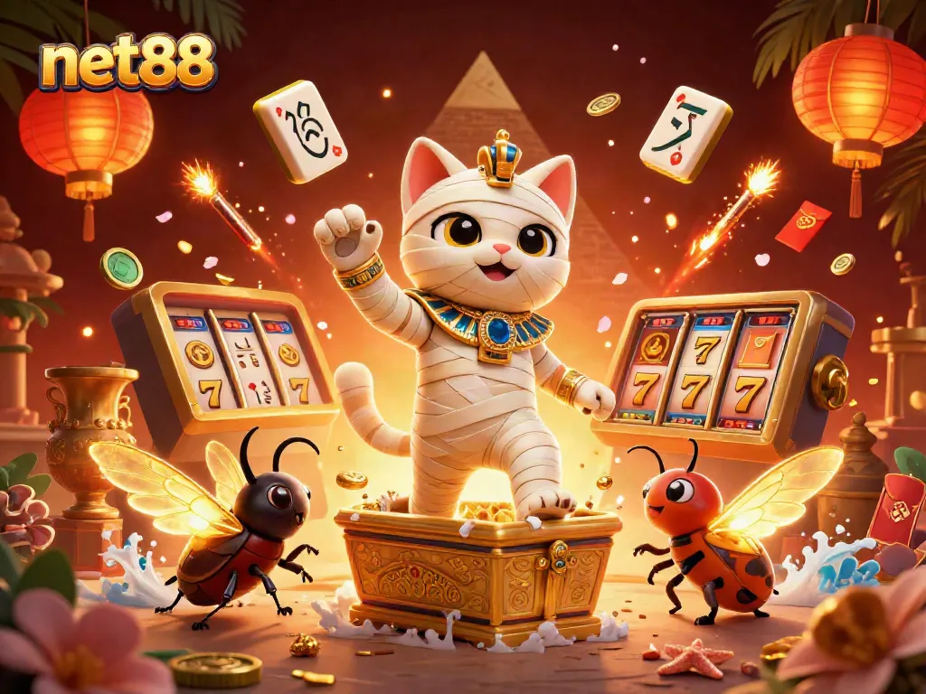 Engage with net88 in a vibrant online casino scene filled with winning slot symbols and lucky charms.