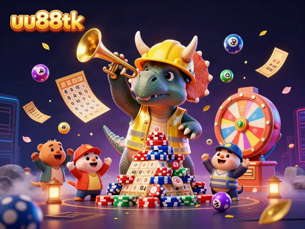 uu88tk celebrates big wins with vibrant lottery and casino elements in a festive 3D casino scene.