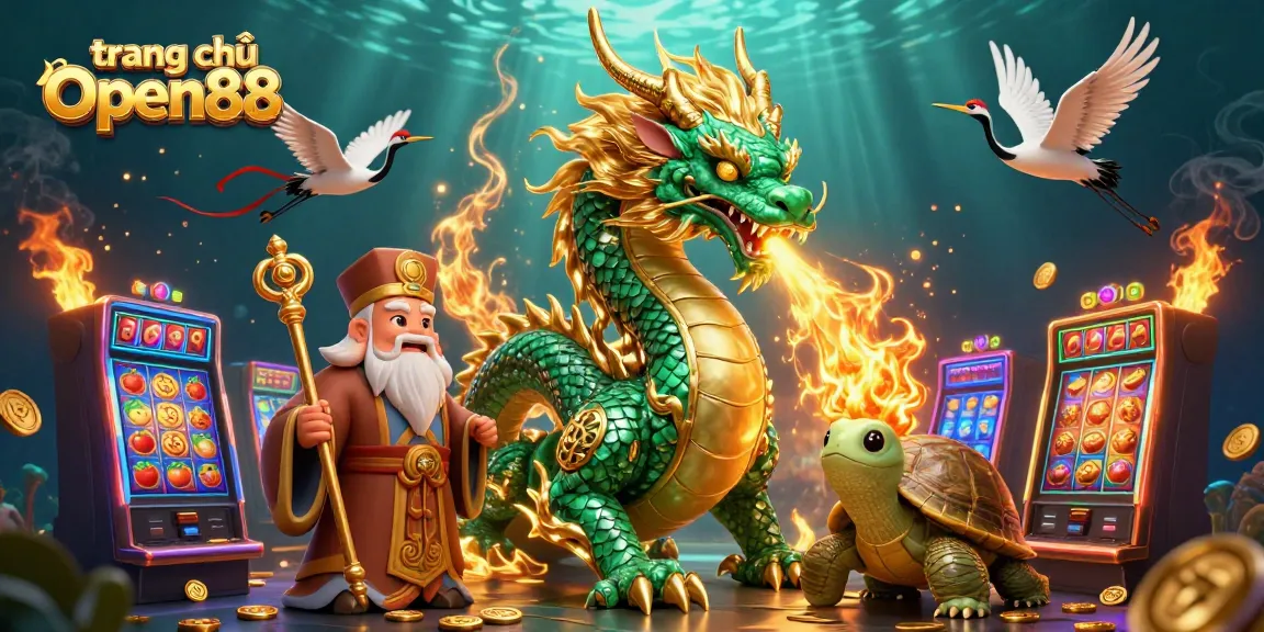 Spin the reels with the vibrant scene of trang chủ Open88 showcasing a jade dragon and lively slot machines.