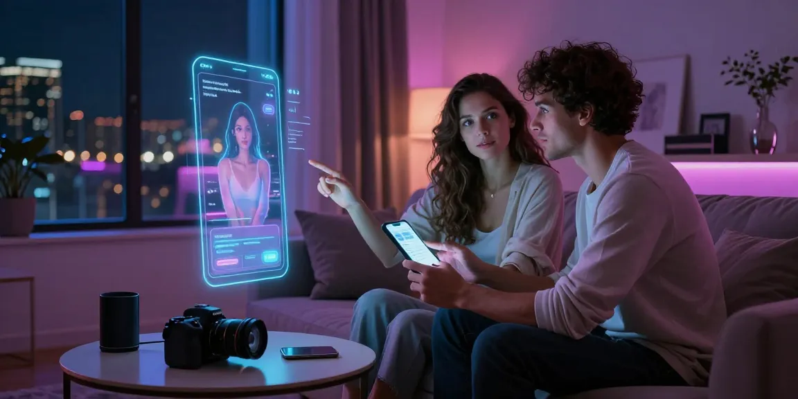Couple exploring AI sex applications in a modern, intimate setting.