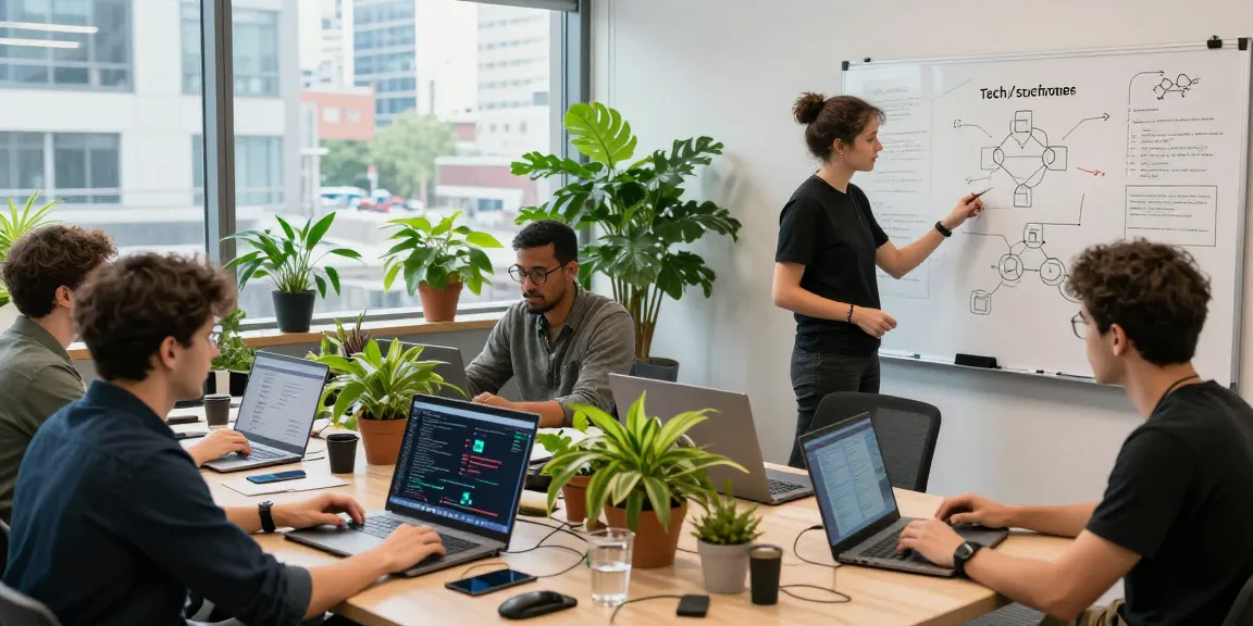 Developers collaborating on Web3 technologies in a vibrant co-working space with screens displaying data visualizations.