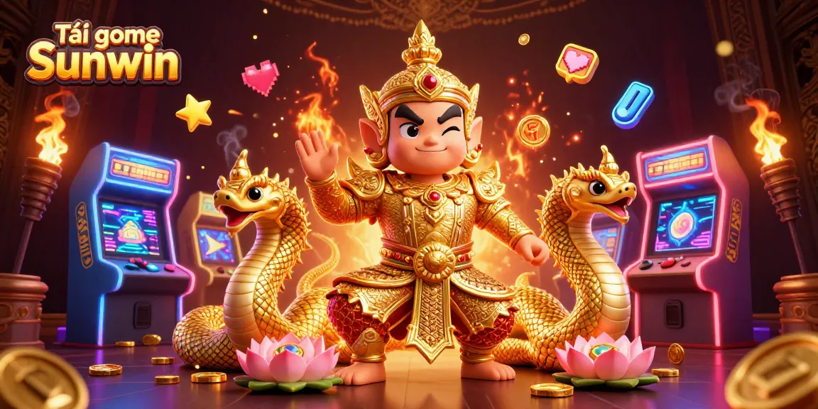 Tải game Sunwin with vibrant casino elements, featuring guardians and glowing game machines.