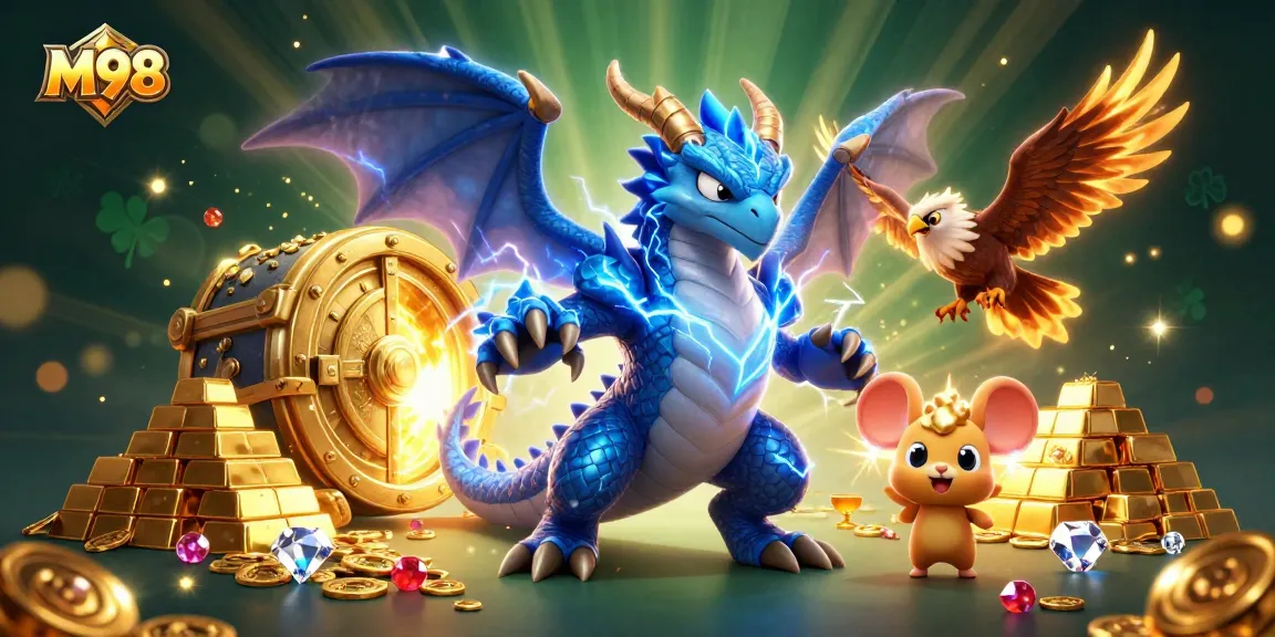M98 showcases thrilling dragon and hawk characters amidst the sparkling treasures of online gambling.
