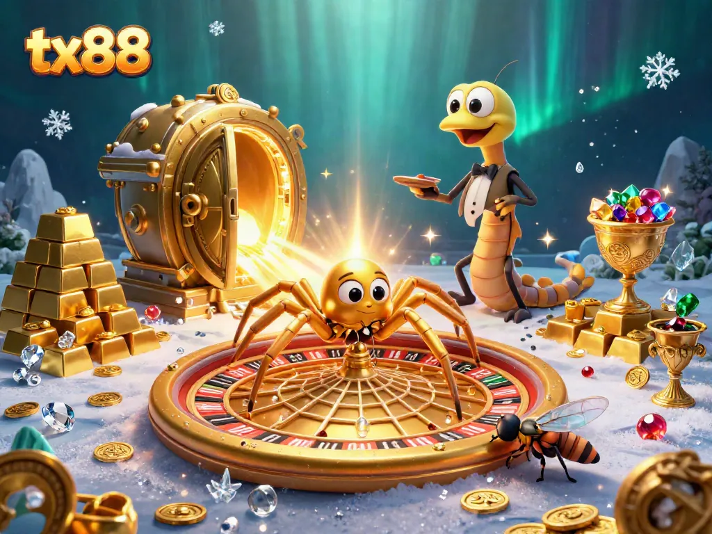 Spin to win at tx88 with a golden roulette wheel illustration showcasing vibrant gems and treasures.