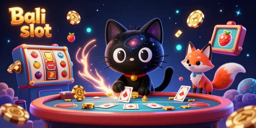 Experience the thrilling Bali slot atmosphere with a cosmic casino scene featuring a black hole cat and colorful gaming elements.