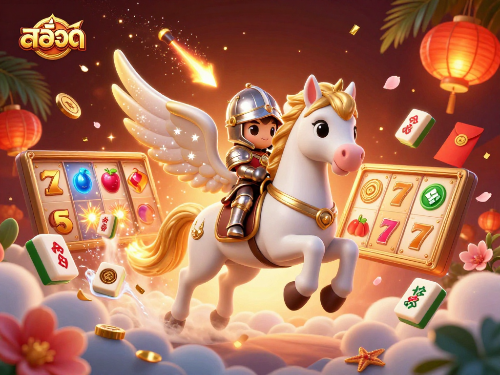 Experience the thrill of สล็อต with a 3D cartoon illustration of a celestial horse and knight amidst vibrant slot symbols.