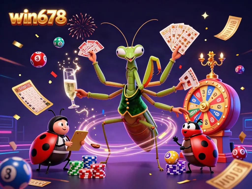 Win678 features a vibrant 3D cartoon casino scene with colorful elements and characters celebrating winning moments.