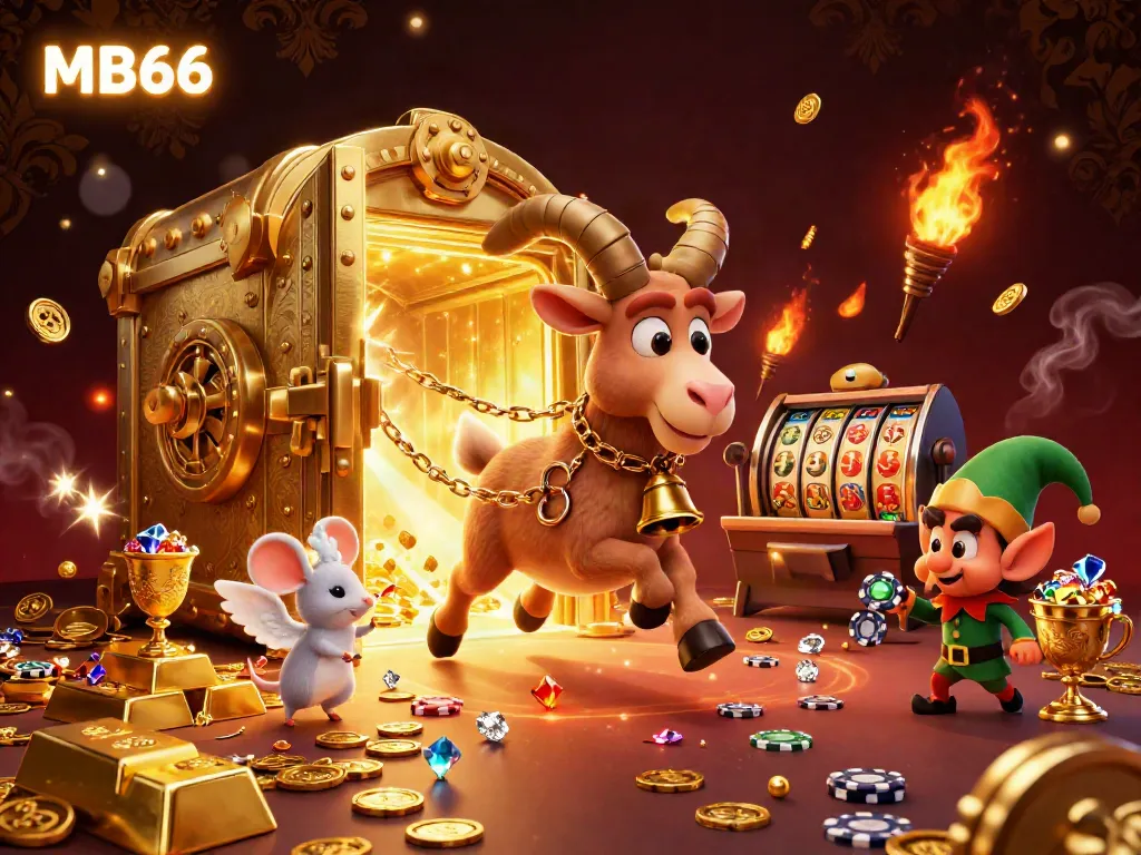 Experience the excitement of MB66 with a chaotic casino scene featuring a Krampus goat and mischievous gremlins stealing poker chips.