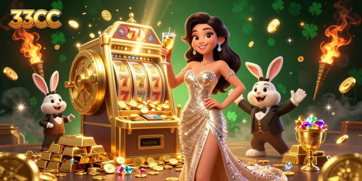 Experience the excitement of 33CC with a glamorous jackpot scene, showing a woman celebrating by a golden slot machine.